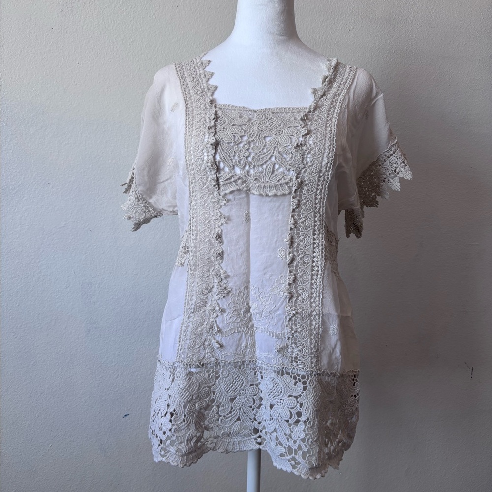 Johnny Was 100% Cupra Rayon Lace Trim Crochet Top